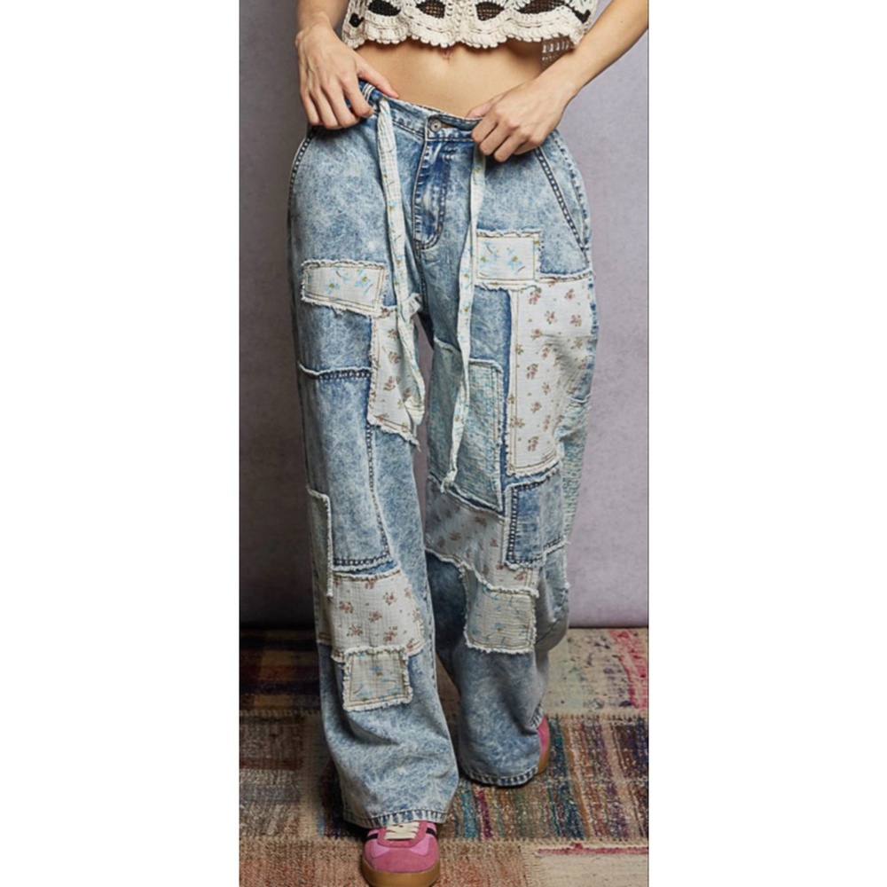 New POL Denim Patchwork Boho Chic Baggy Y2K Free People Vibe Pants Sizes M, L - Picture 8 of 9